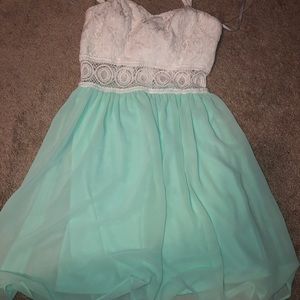White and teal homecoming dress.